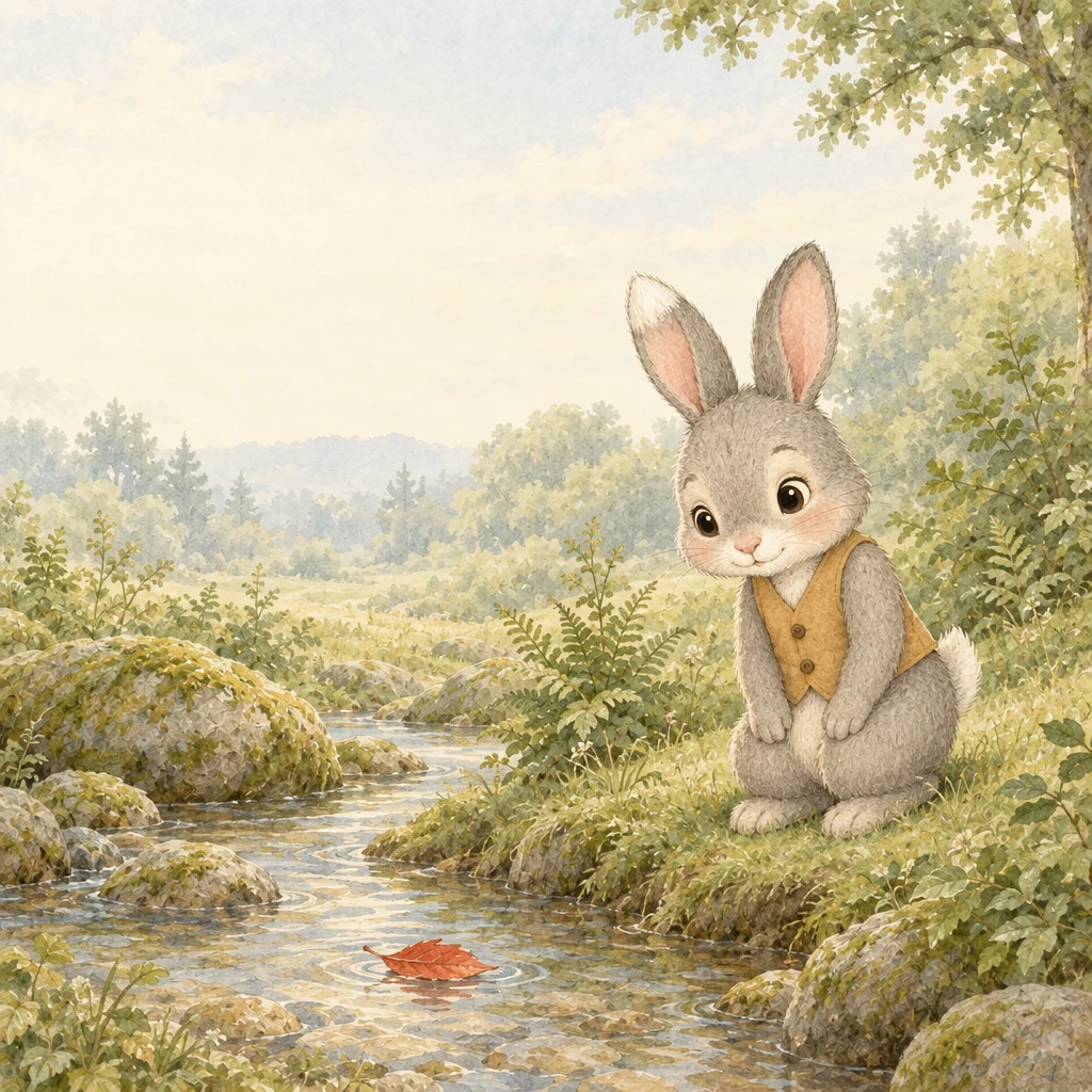 Nessa the rabbit beside a woodland stream with a floating red leaf