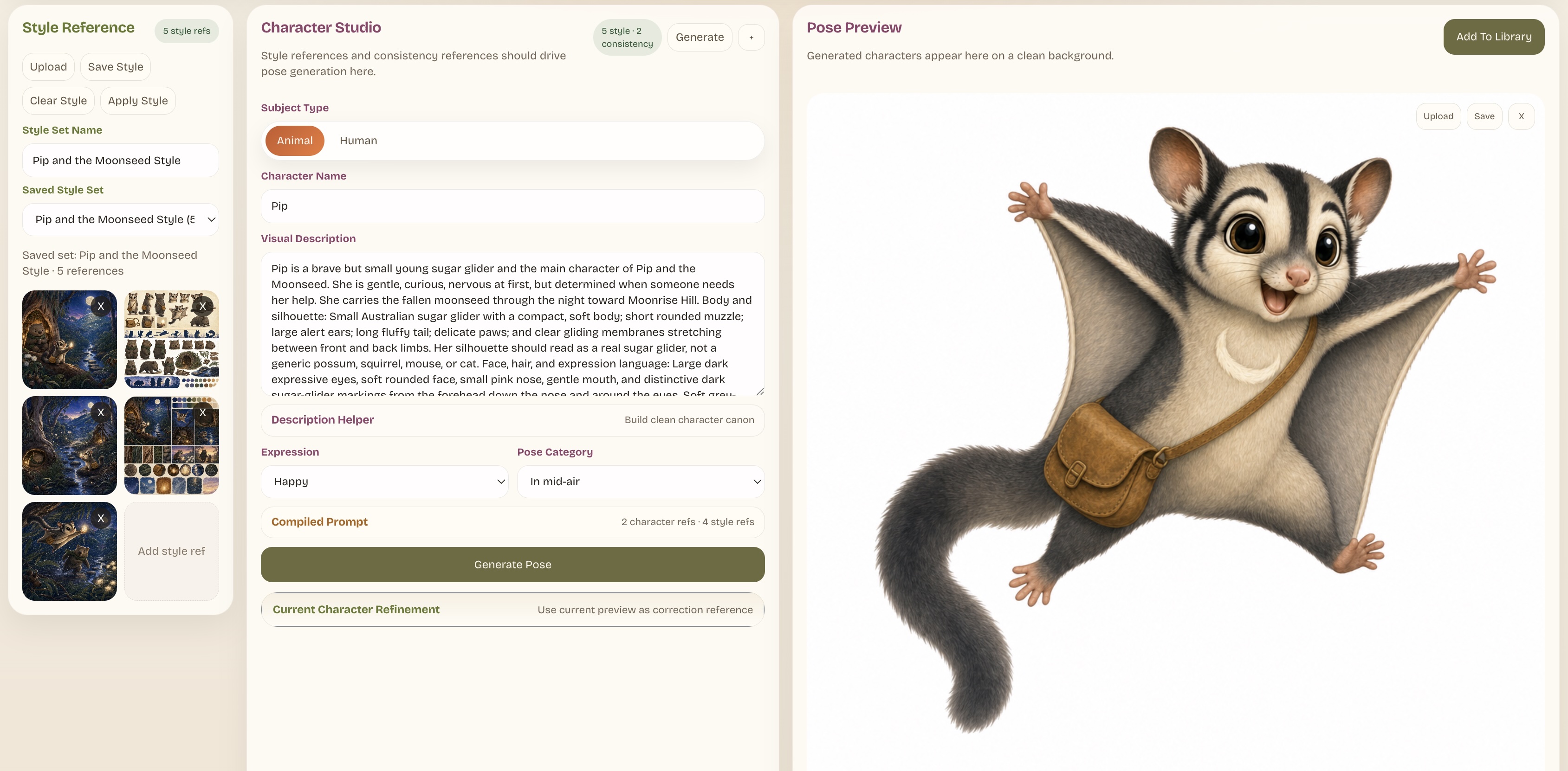 Limnforge Character Studio with style references, character controls, and a generated sugar glider pose
