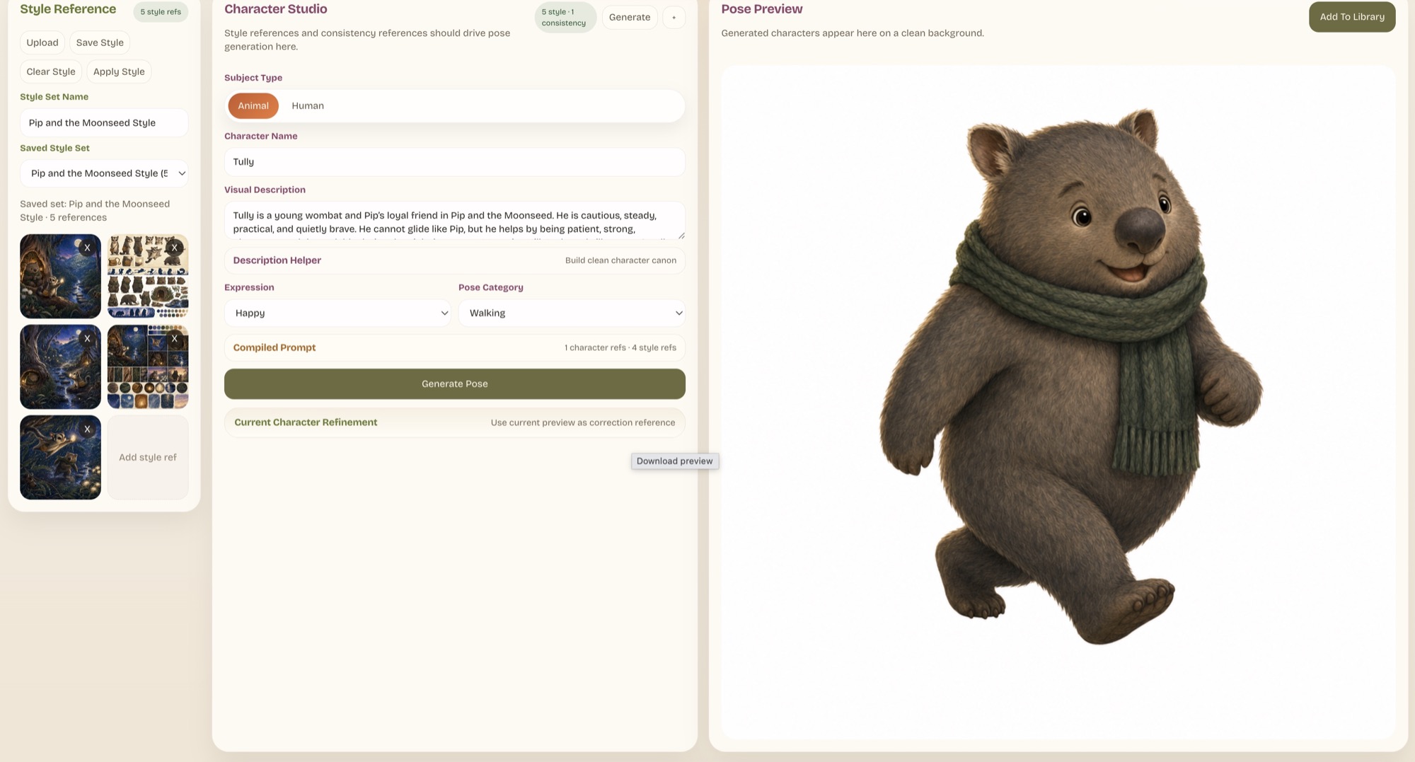 Limnforge Character Studio showing style references and a generated character preview