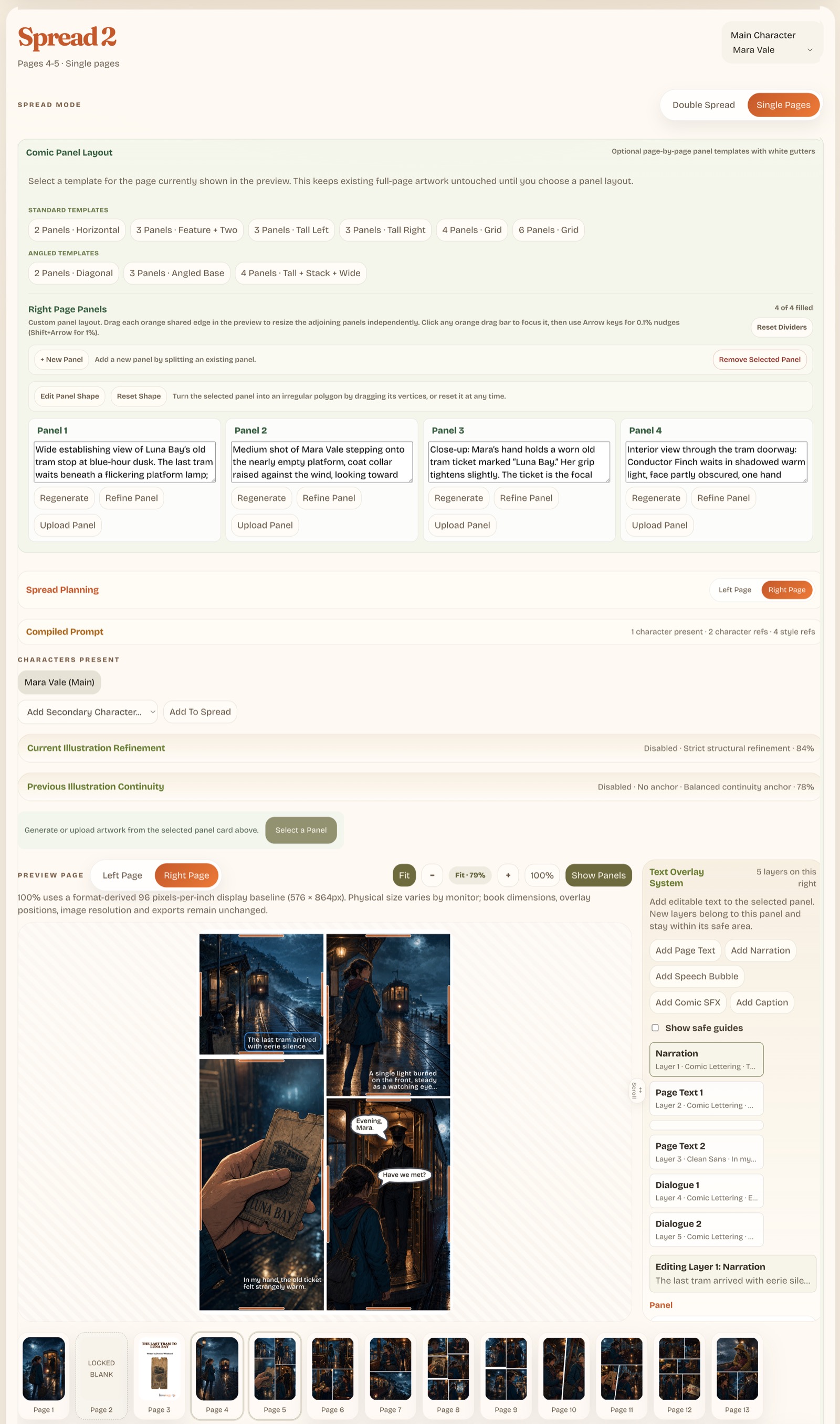 Limnforge comic-book workspace showing panel layout, page planning, character records, lettering controls, and a comic-page preview