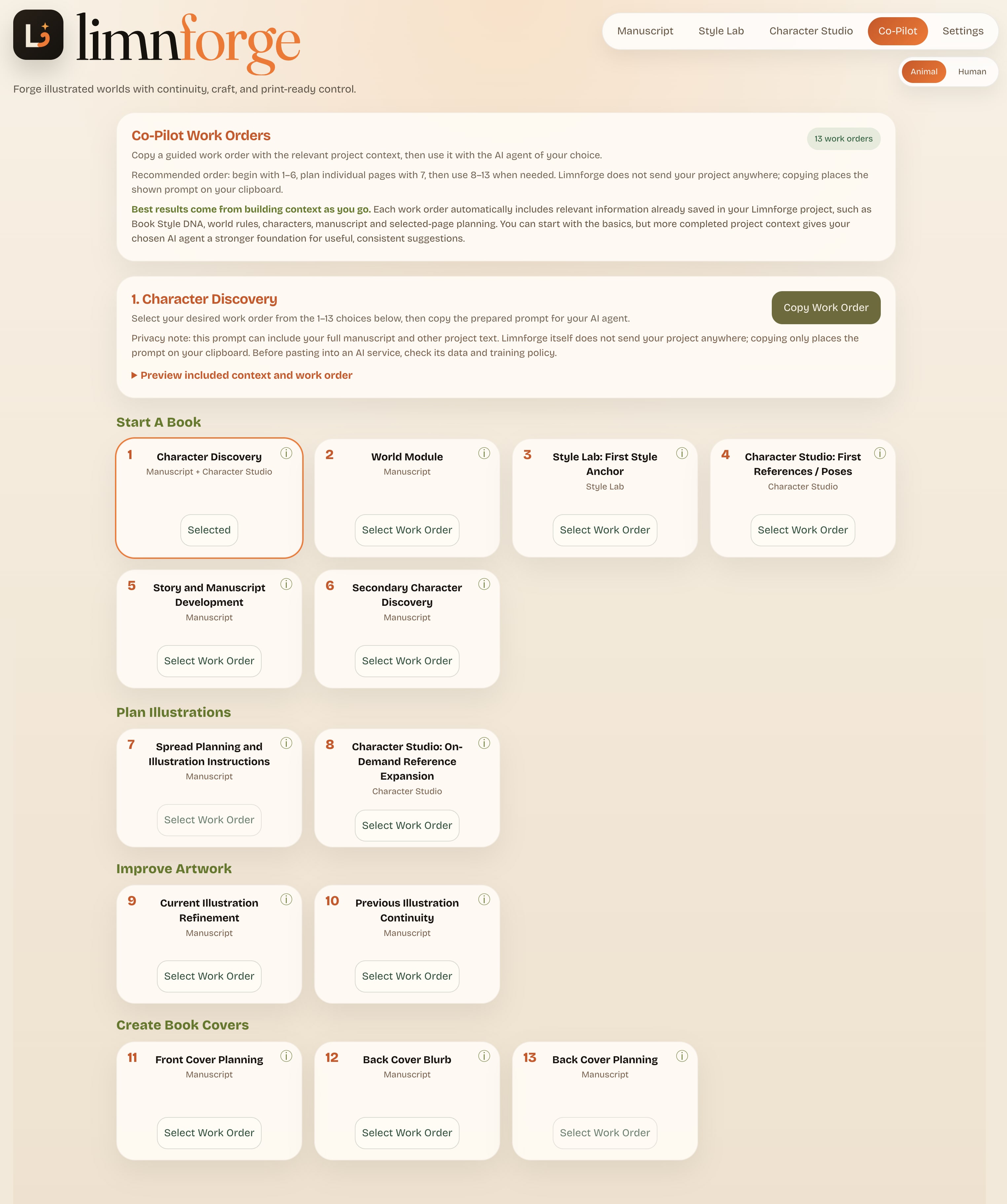 Limnforge Co-Pilot workspace showing guided work orders and a project-context preview