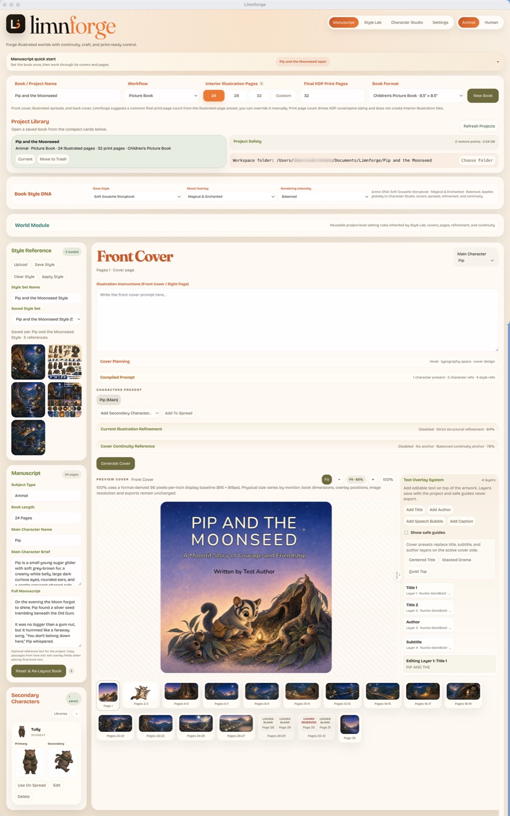 Limnforge Manuscript workspace showing project setup, book style DNA, cover planning, and page previews