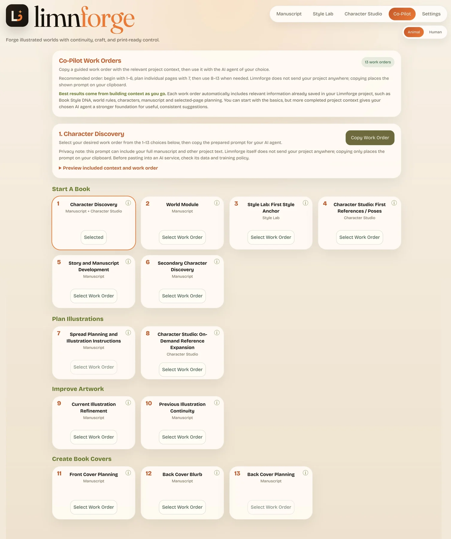 Limnforge Co-Pilot showing its thirteen guided Work Orders