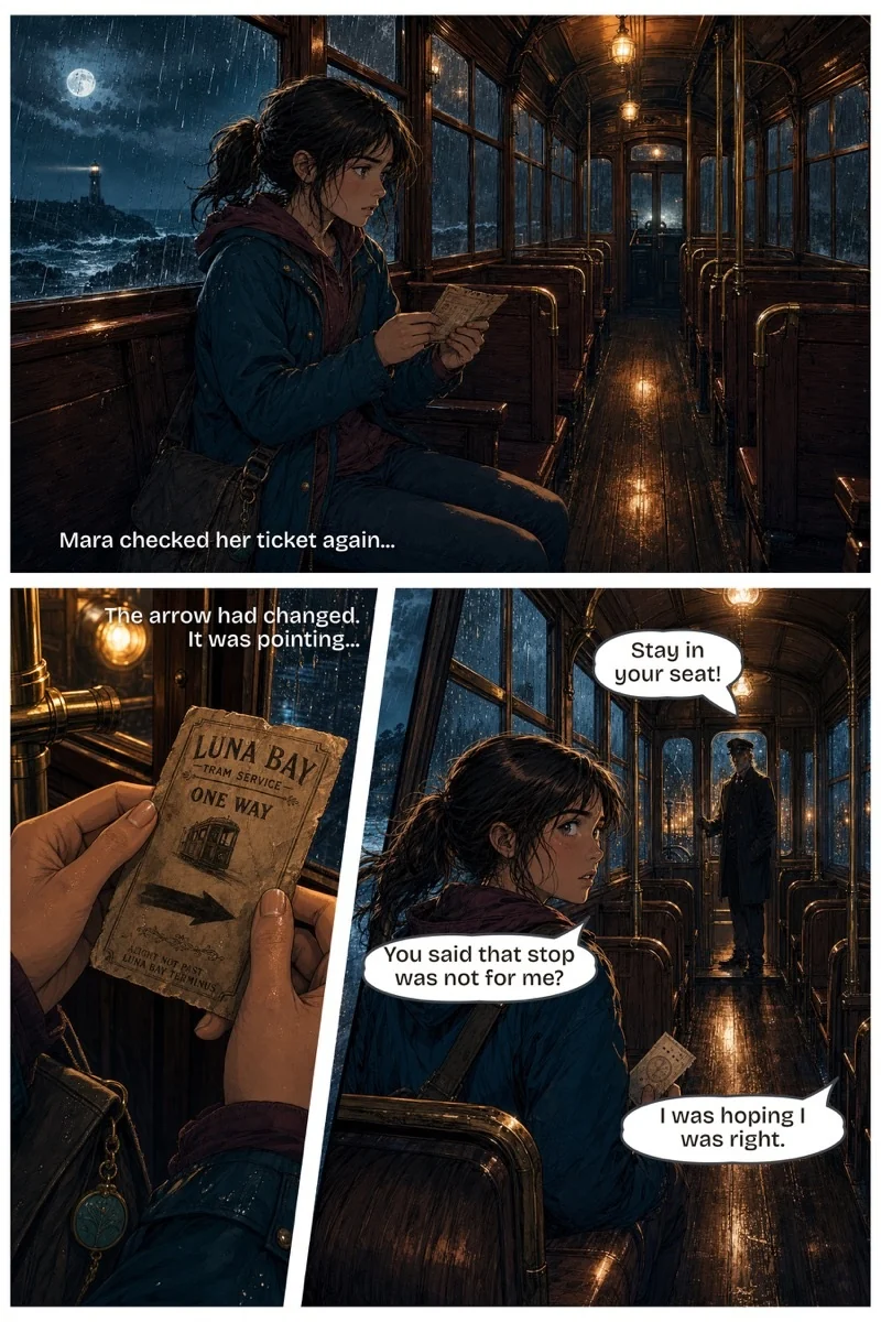Luna Bay comic page with a wide panel, angled lower panels and speech bubbles