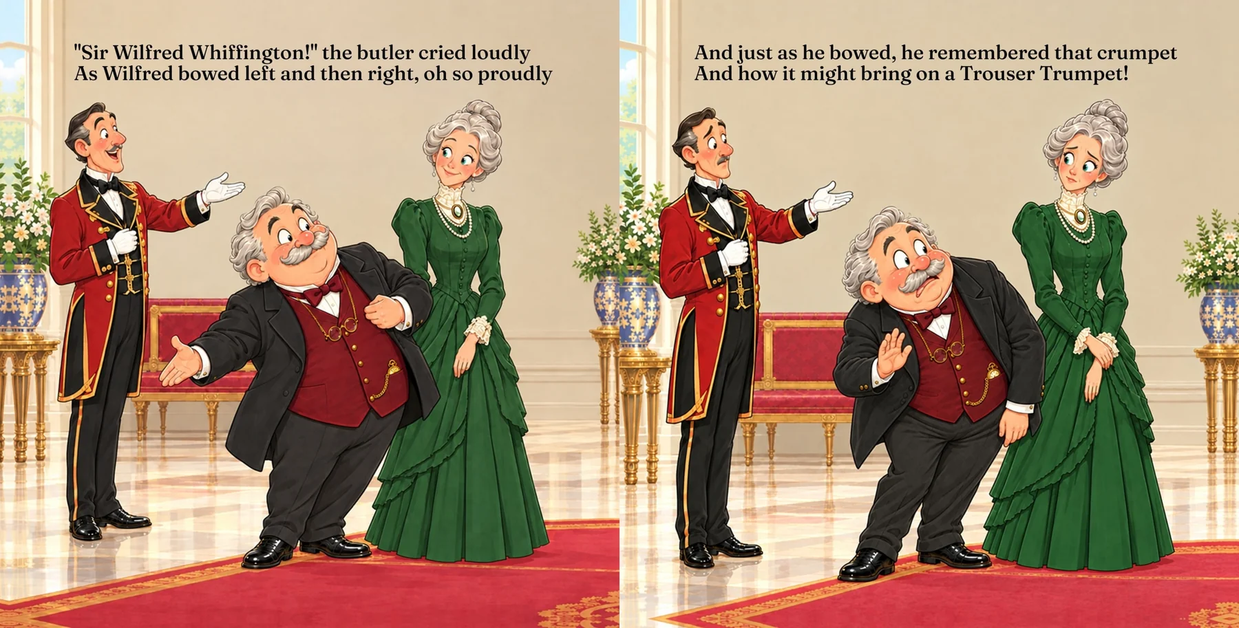 Two Sir Wilfred story pages with the same cast and a changed expression