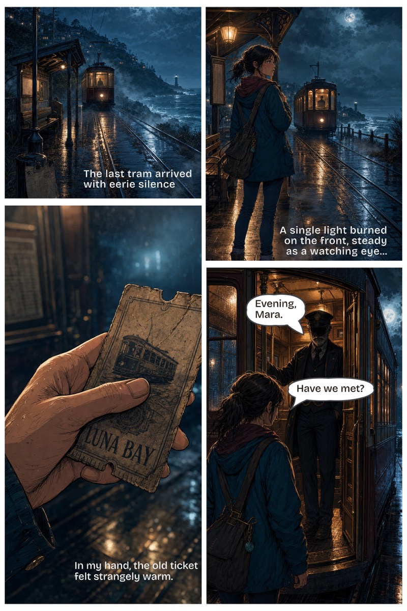 Comic page from The Last Tram to Luna Bay showing a tram arriving at night