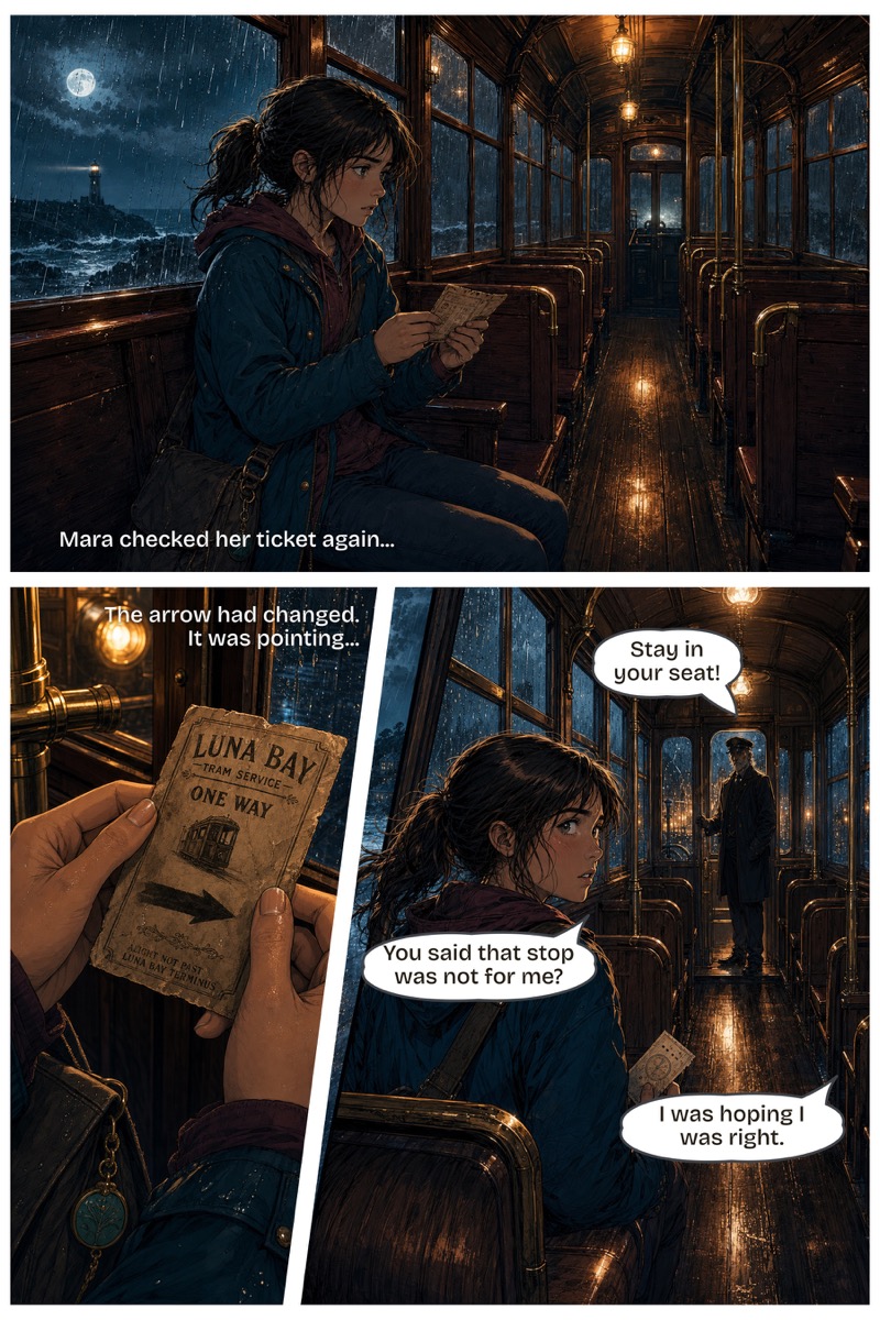 Comic page from The Last Tram to Luna Bay
