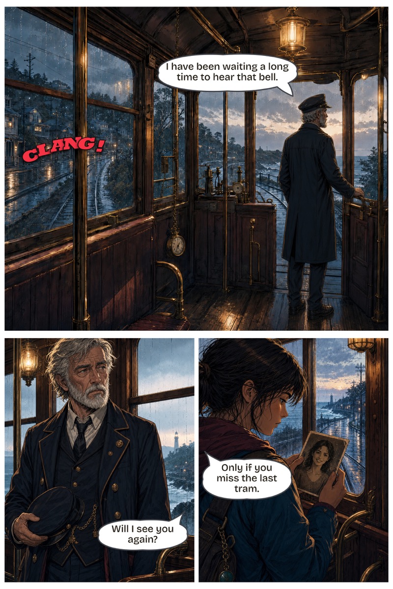 Comic page from The Last Tram to Luna Bay