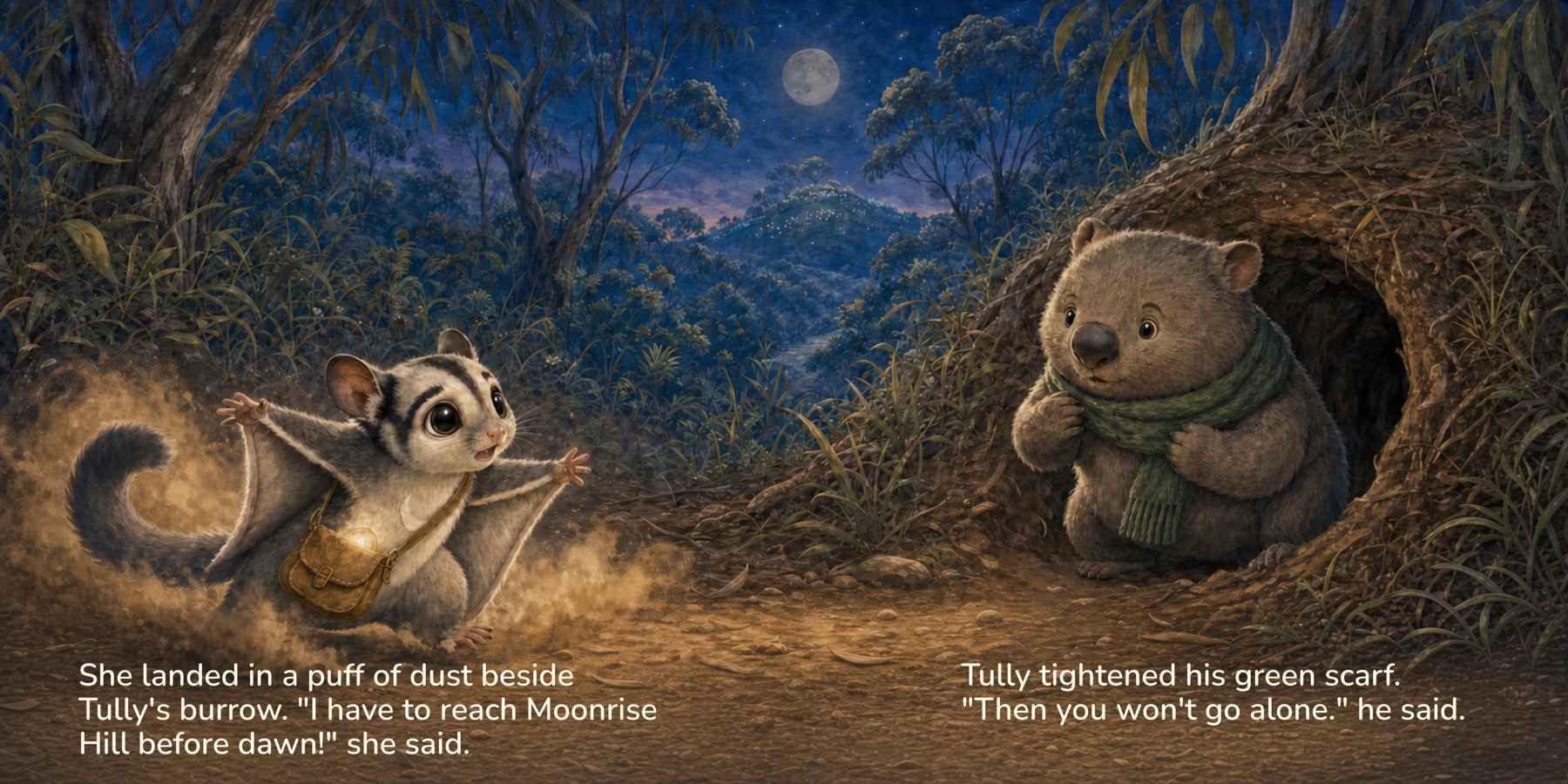 Moonlit double-page spread from Pip and the Moonseed