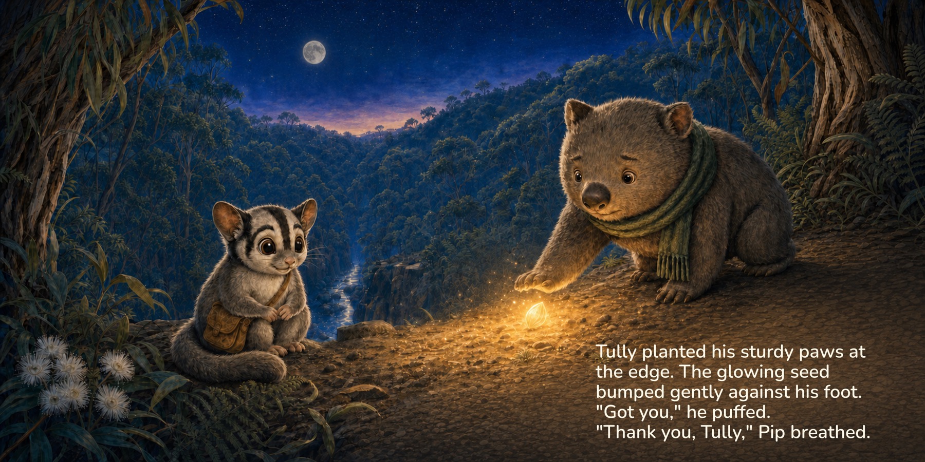 Illustrated double-page spread from Pip and the Moonseed