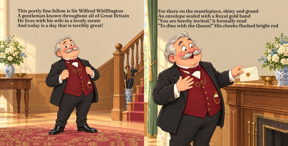 Pages 2 and 3: Wilfred proudly introduces himself and receives a royal invitation, with rhyming story text