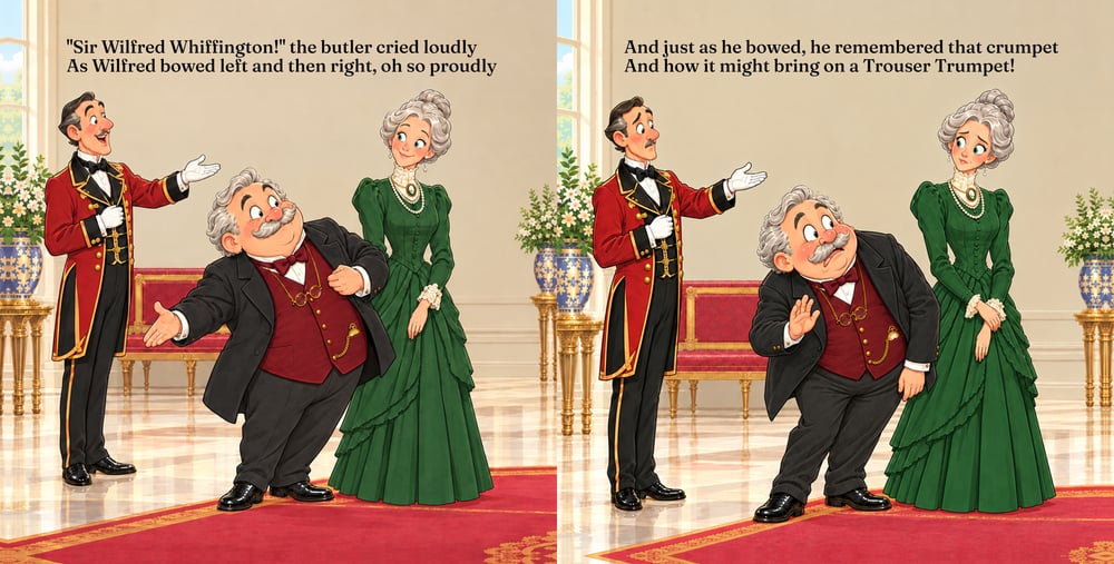 Pages 10 and 11: Wilfred bows proudly beside the butler and Beatrice, then looks alarmed, with rhyming story text
