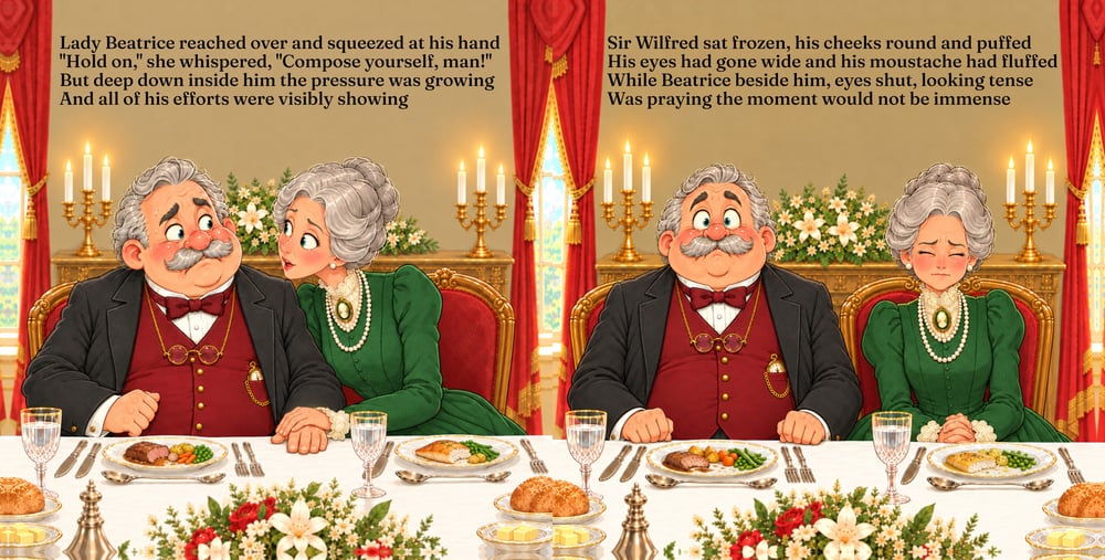 Pages 18 and 19: Beatrice squeezes Wilfred's hand, then closes her eyes as he sits rigid with puffed cheeks, with rhyming story text