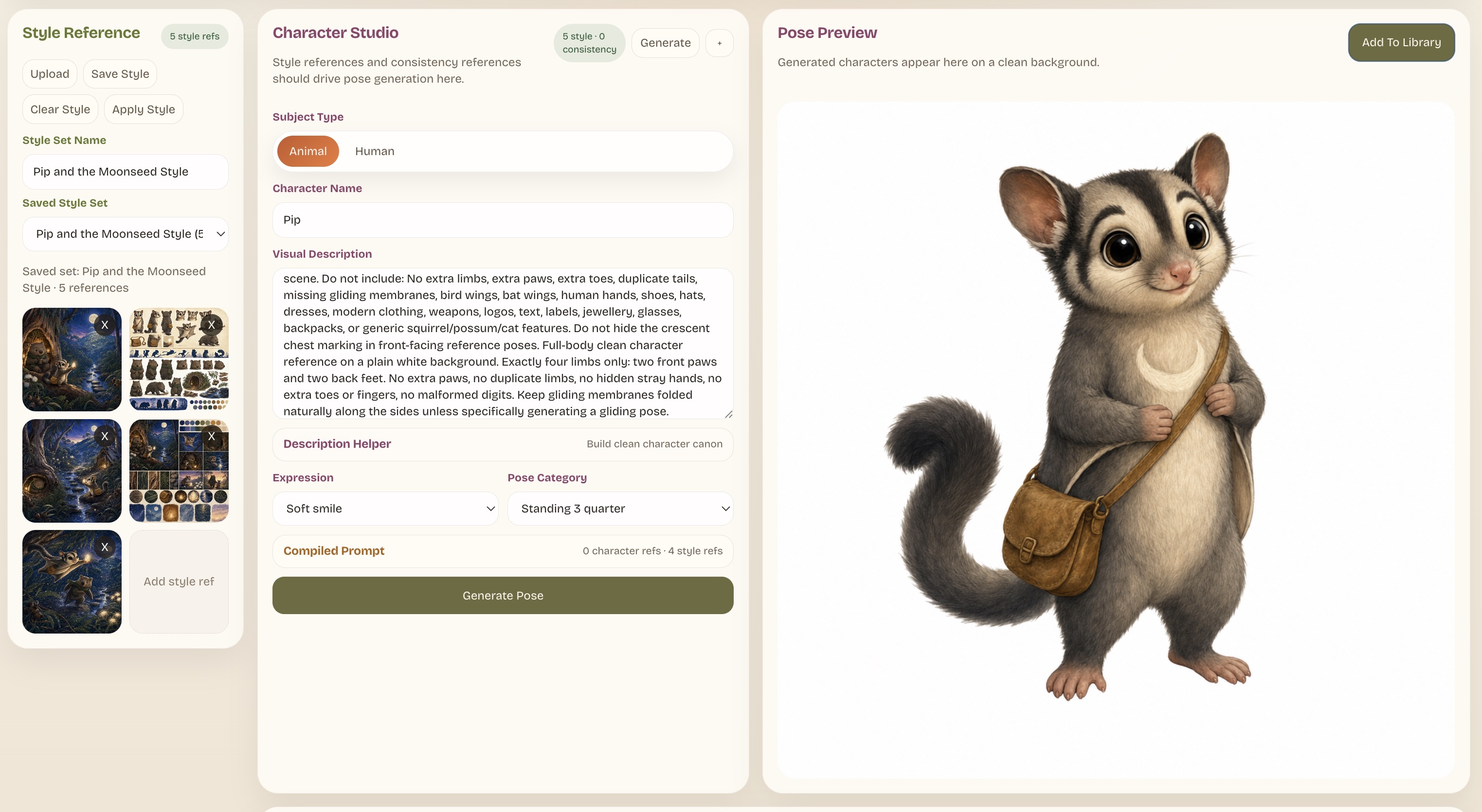Limnforge Character Studio with style references and generated character preview